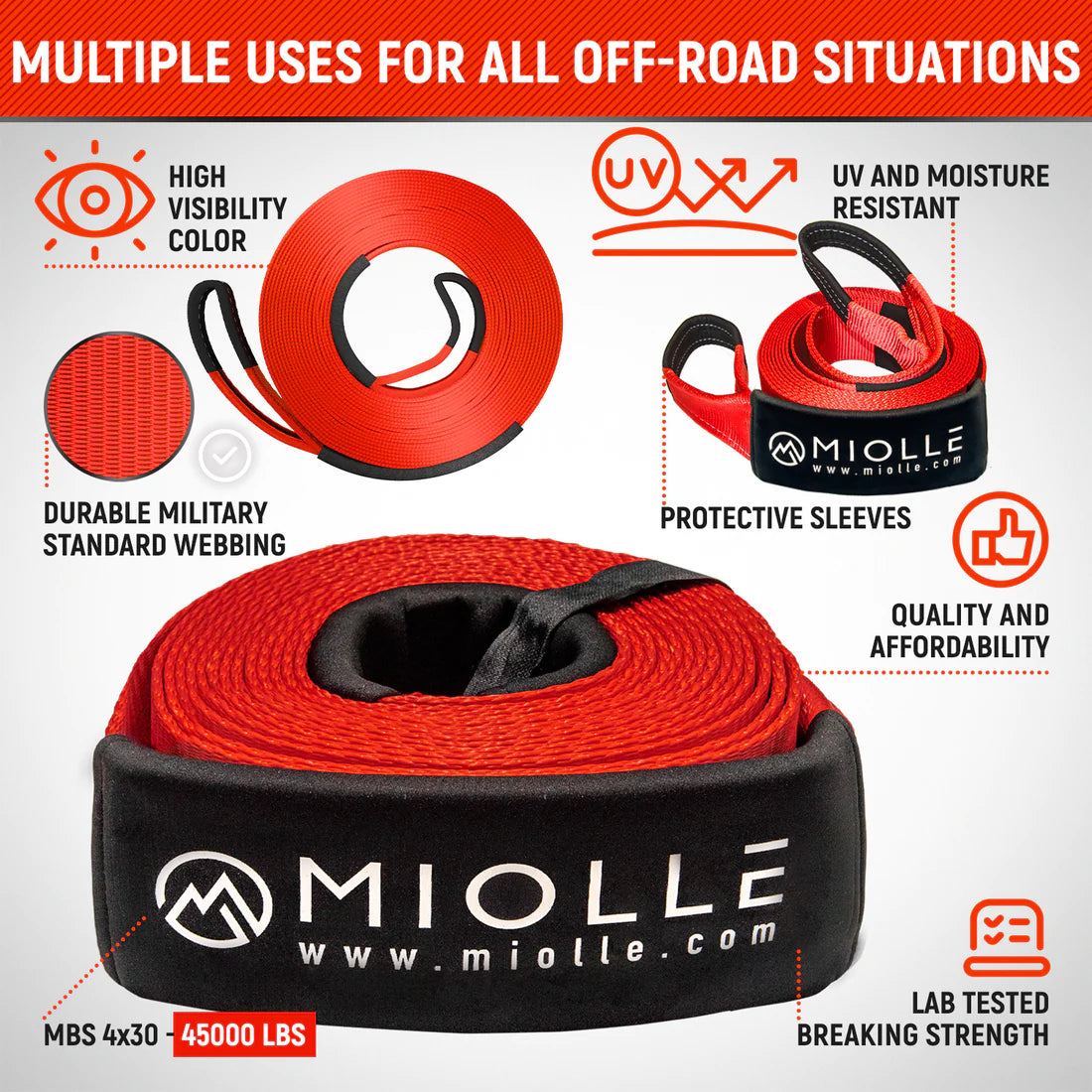 4 x 30 Foot Tow Strap Recovery Kit - by Miolle