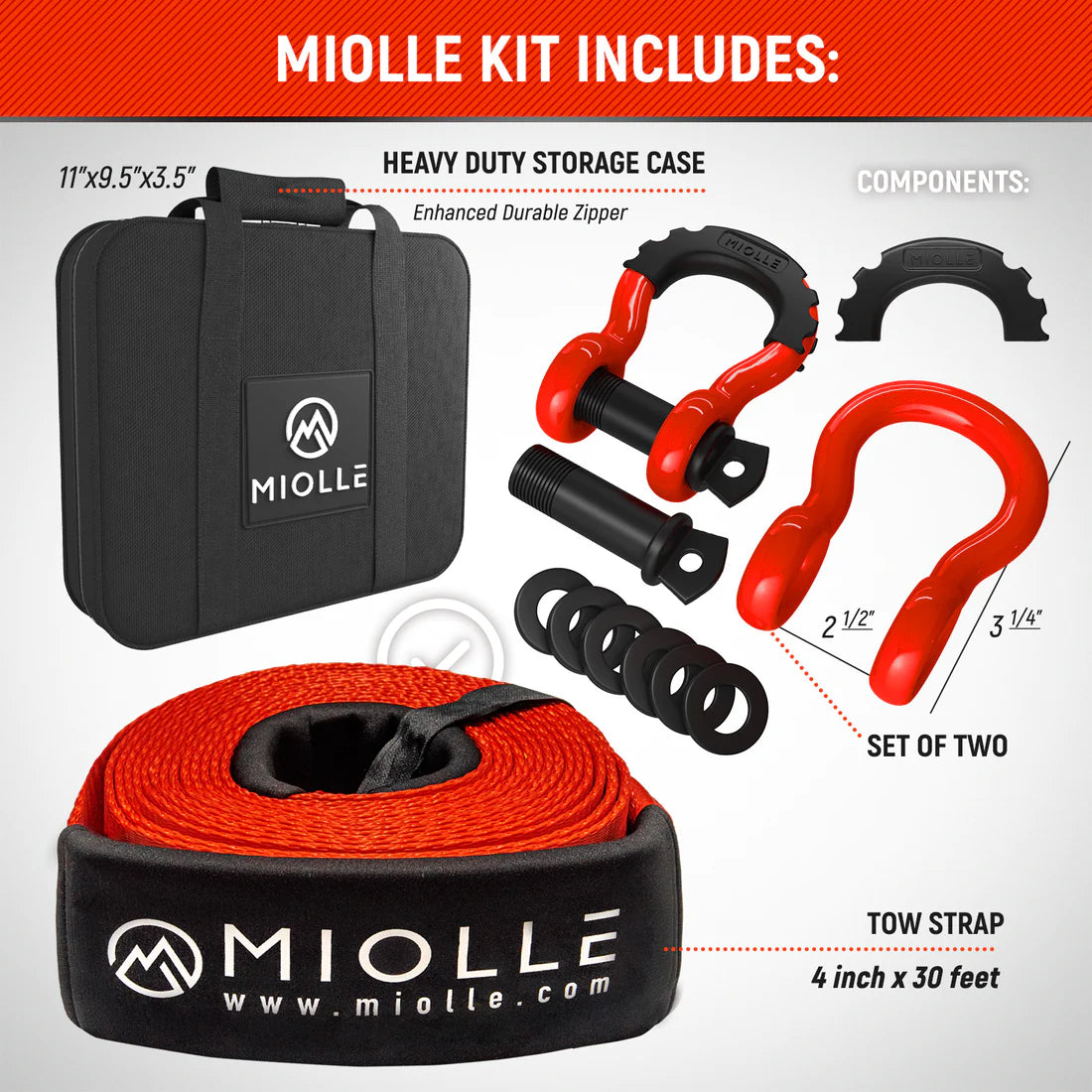 4 x 30 Foot Tow Strap Recovery Kit - by Miolle