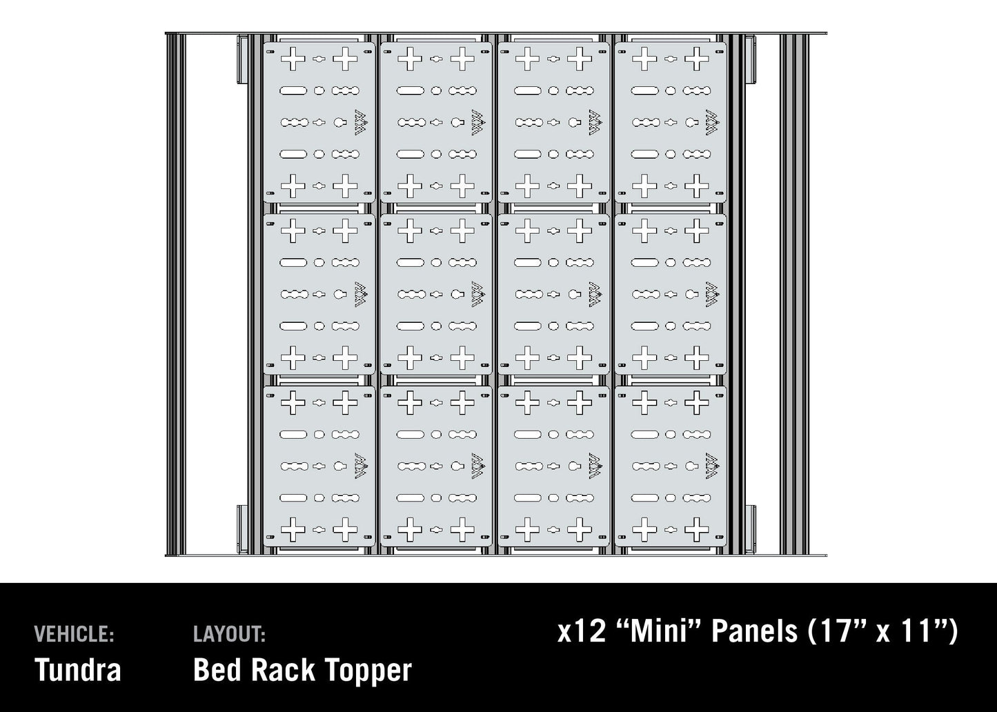 Diagram showing deck panel storage accessories for the Backwoods Adventure Mods Bed Rack DRIFTR Topper cargo carrier add-on for 2022+ 3rd Gen Toyota Tundra truck bed rack