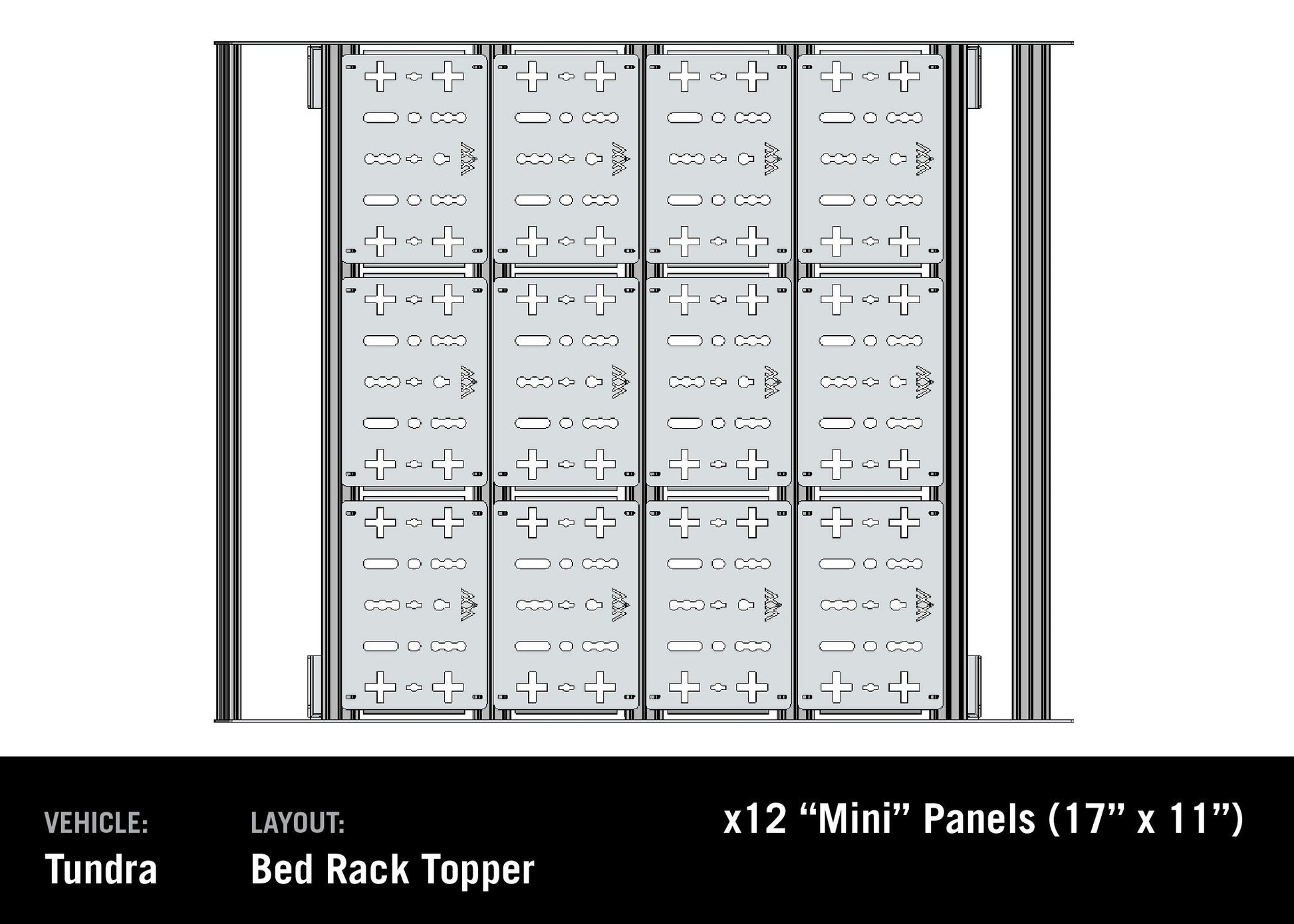 Diagram showing deck panel storage accessories for the Backwoods Adventure Mods Bed Rack DRIFTR Topper cargo carrier add-on for 2022+ 3rd Gen Toyota Tundra truck bed rack
