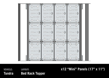 Diagram showing deck panel storage accessories for the Backwoods Adventure Mods Bed Rack DRIFTR Topper cargo carrier add-on for 2022+ 3rd Gen Toyota Tundra truck bed rack