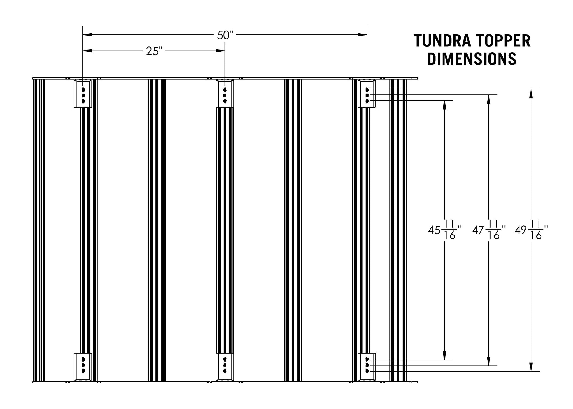 Diagram showing the dimensions of the Backwoods Adventure Mods Bed Rack DRIFTR Topper cargo carrier add-on for 2022+ 3rd Gen Toyota Tundra truck bed rack