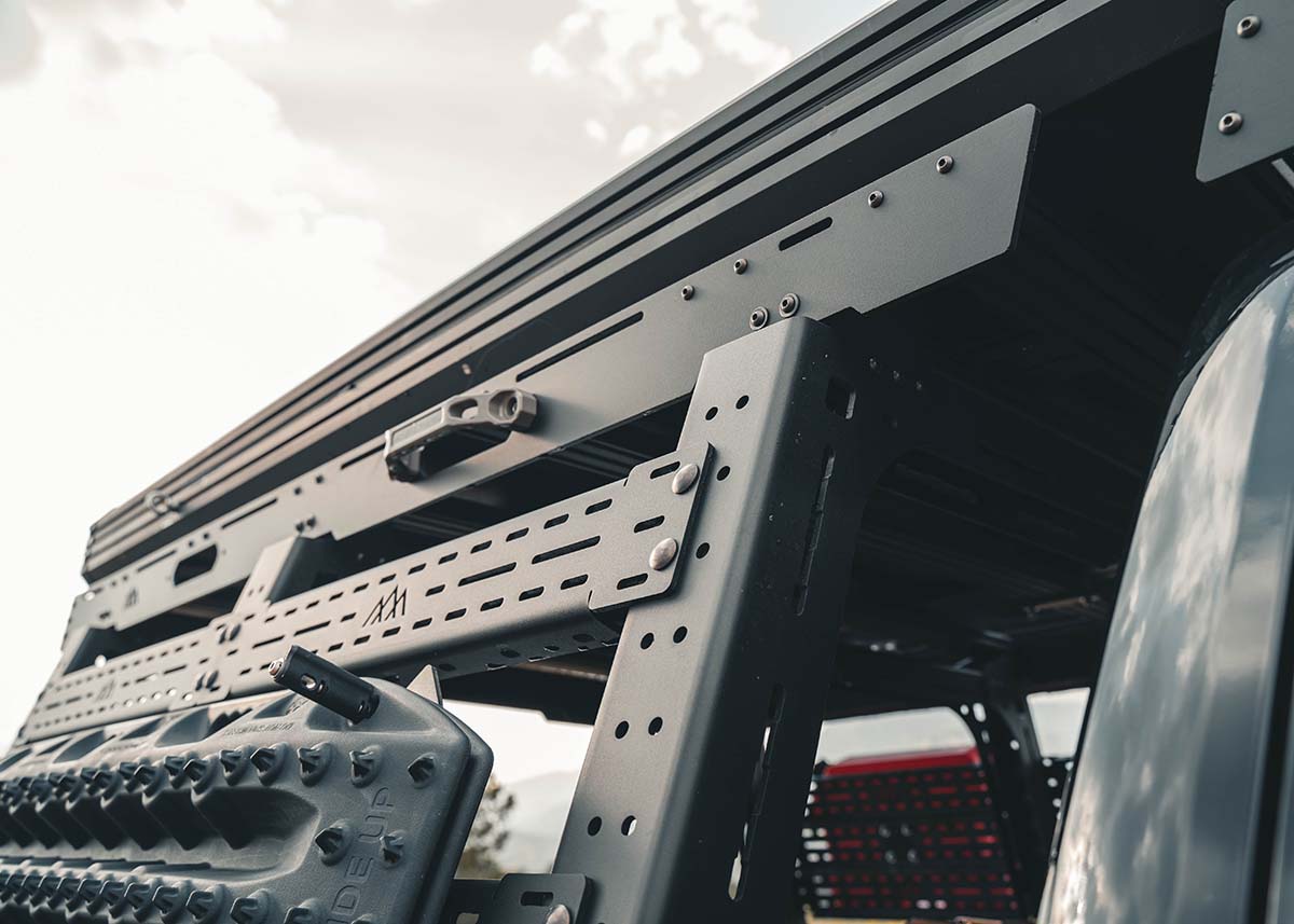 Front of the Backwoods Adventure Mods Bed Rack DRIFTR Topper cargo carrier add-on installed on a 2022+ 3rd Gen Toyota Tundra bed rack