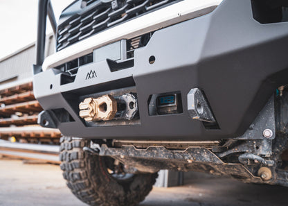 Close up of th winch mount and recovery points on the Backwoods Adventure Mods 4th Gen 2024 Toyota Tacoma Hi-Lite Overland Off Road Front Bull Bar Bumper