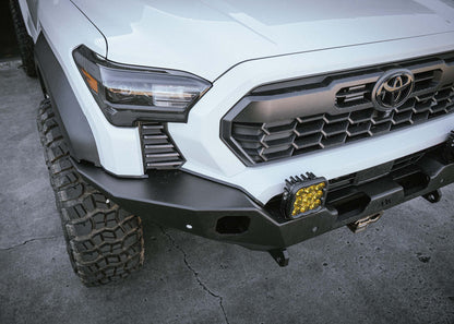 Top view of Backwoods Adventure Mods 2024 Toyota Tacoma 4th Gen Hi-Lite Overland Front Bumper with off road lights installed