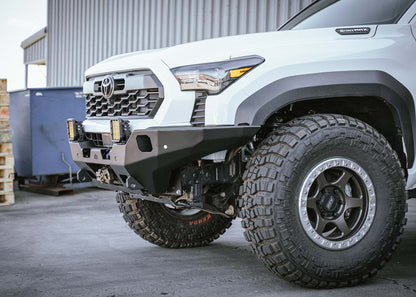 Side view of Backwoods Adventure Mods 2024 Toyota Tacoma 4th Gen Hi-Lite Overland Front Bumper installed for high clearance off road