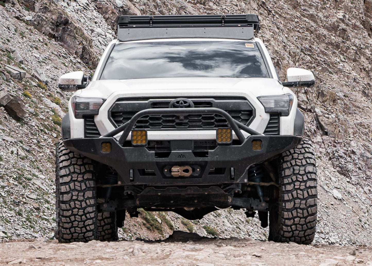Front view of Backwoods Adventure Mods Toyota Tacoma 4th Gen (2024) Hi-Lite Overland hybrid aluminum Off Road high clearance Front Bumper with Prerunner Bull Bar