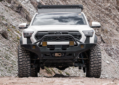 Front view of Backwoods Adventure Mods Toyota Tacoma 4th Gen (2024) Hi-Lite Overland hybrid aluminum Off Road high clearance Front Bumper with Prerunner Bull Bar