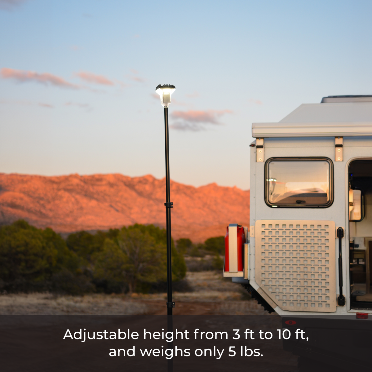 LightRanger 2000 setup in remote desert location for off-grid camping. Adjustable height from 3ft to 10 ft. Only weighs 5 Ibs.