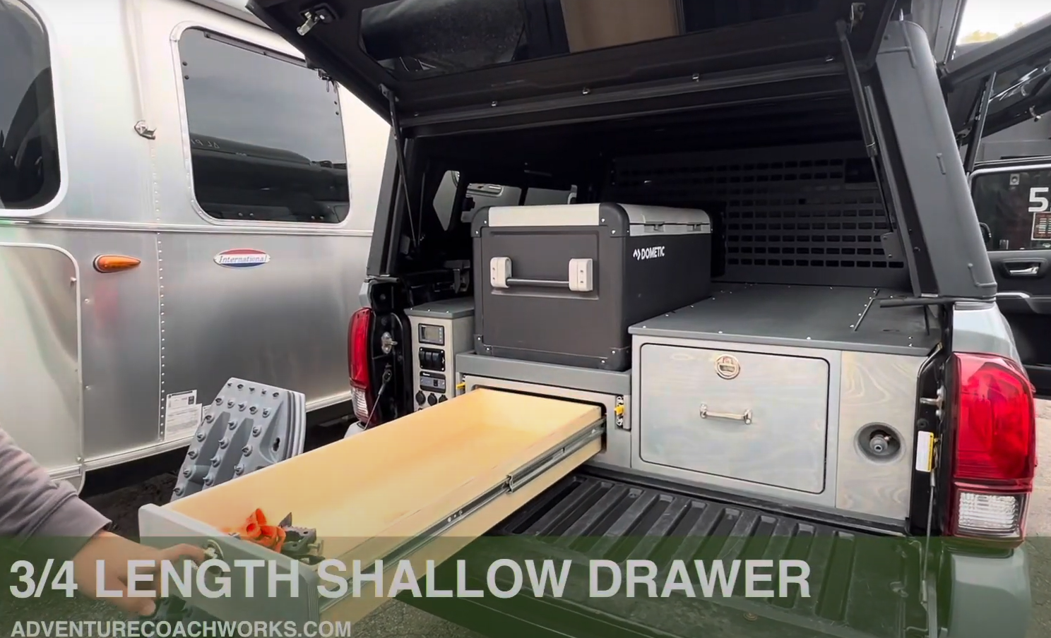 Load video: Tacoma bed drawers &amp; cabinets, fridge slider + rear seat delete - by Adventure Coachworks