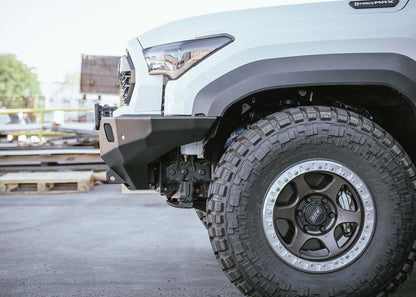 Driver-side view of Backwoods Adventure Mods 2024 Toyota Tacoma Hi-Lite hybrid aluminum Front Bumper