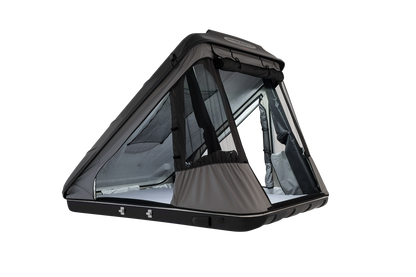Open doors of the black roof top tent