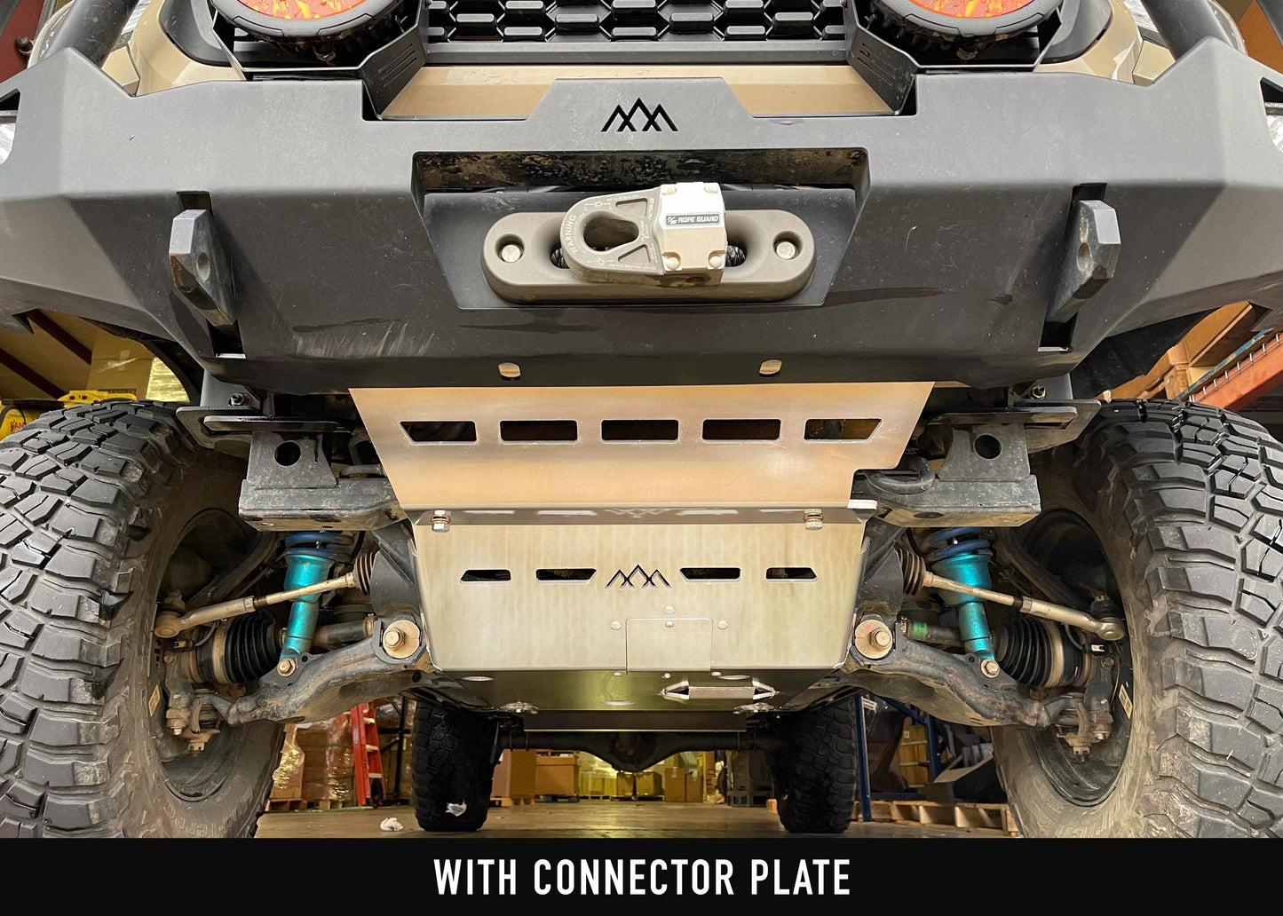 Installed view of Aluminum Connector Skid Plate for Backwoods Adventure Mods Hi-Lite Series 2005+ Toyota Tacoma hybrid off road high clearance bumpers