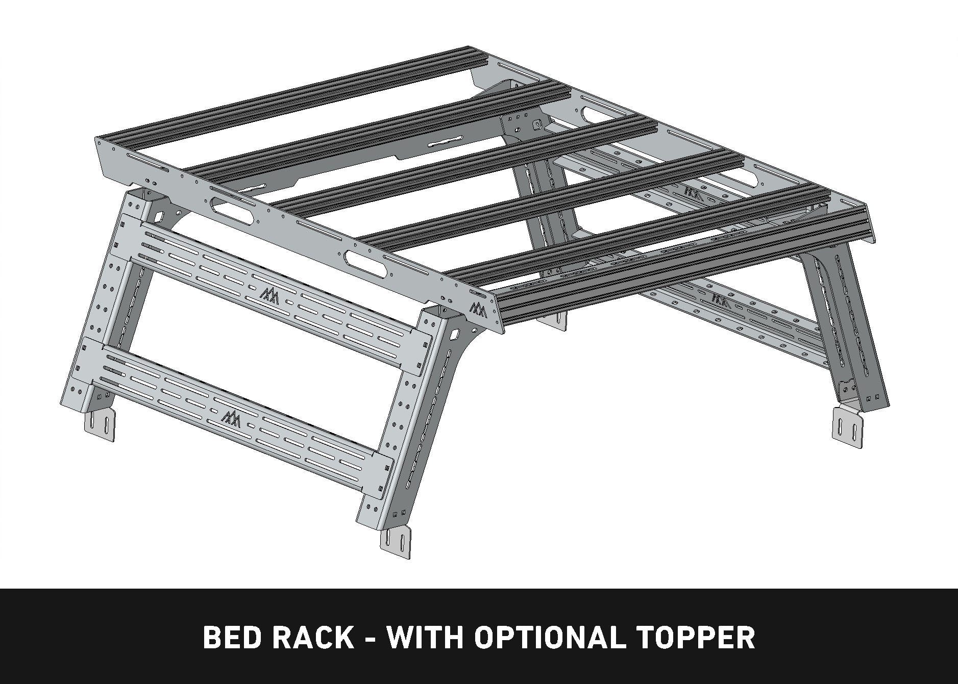 Diagram of fitment of the Backwoods Adventure Mods Bed Rack DRIFTR Topper cargo carrier add-on for 2005+ Toyota Tacoma truck bed rack