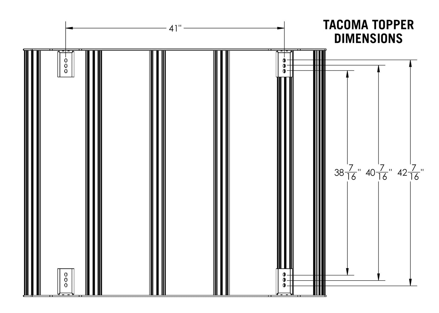 Diagram showing the dimensions of the Backwoods Adventure Mods Bed Rack DRIFTR Topper cargo carrier add-on for 2005+ Toyota Tacoma truck bed racks