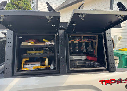 Customer using the Backwoods Adventure Mods Toyota Tundra Aluminum Bed Rack Storage Box to organize construction tools and painting equipment in the bed rack on their white 3rd Gen Toyota Tundra