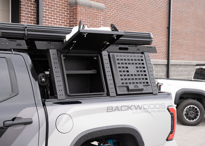 Open Toyota Tundra Aluminum Bed Rack Storage Box, installed as part of the Backwoods Adventure Mods modular overland bed rack cargo storage system 