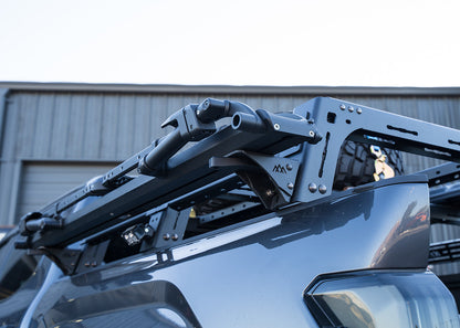 Close up of the installed Universal Truck Bed Rack Bike Tray Mounts from Backwoods Adventure Mods 